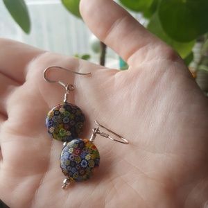Multicolored Blown Glass Round Floral Earrings